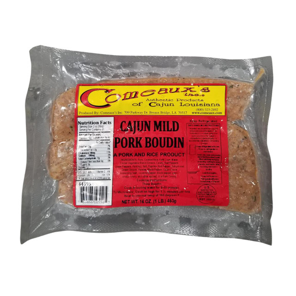 Comeaux's Pork Boudin Mild 1lb, packaged Cajun pork and rice sausage in vacuum-sealed plastic.