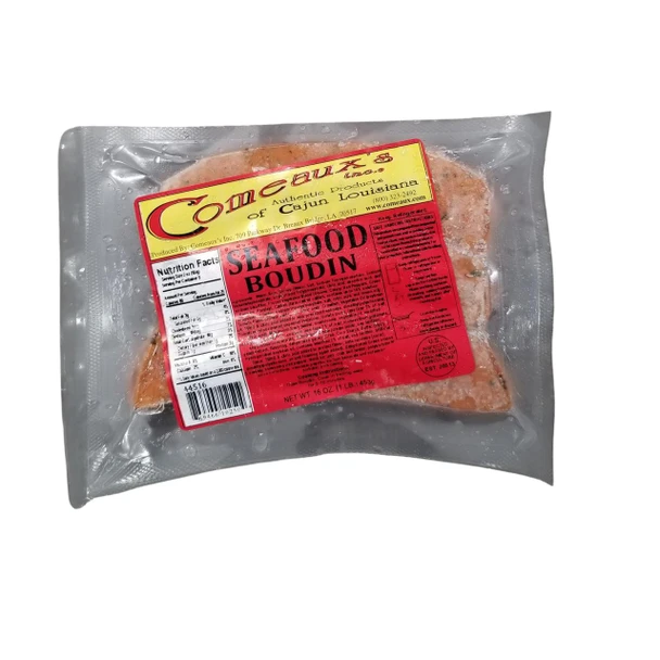 Comeaux's Seafood Boudin 1lb, packaged seafood boudin in clear vacuum-sealed plastic with a red and yellow label.