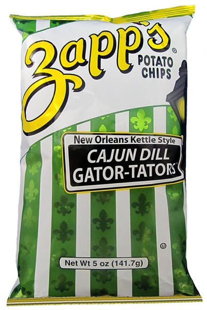 Zapp's Dill Gator Chips 5oz, package of Cajun Dill Gator-Tators potato chips with New Orleans Kettle Style flavor in a green and white bag featuring fleur-de-lis design.