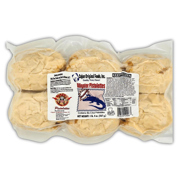 Cajun Original Alligator Pistolettes 6 Pack, frozen alligator pistolettes in a sealed plastic bag with a label displaying product details and branding.