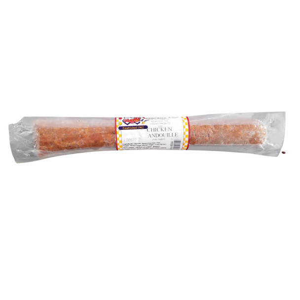 Poche's Poches Chicken Andouille 1lb, packaged sausage in clear vacuum-sealed plastic wrapping with a colorful label.