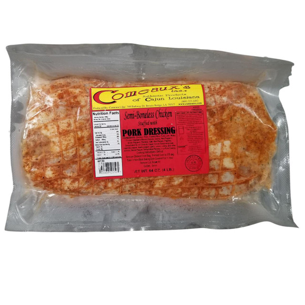 Comeaux's Stuffed Chicken with Pork Dressing 4lb, vacuum-sealed packaged Cajun stuffed semi-boneless chicken with seasoned pork dressing, ready for cooking.