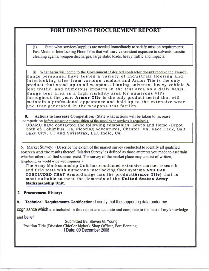 Fort Benning US Army procurement report rating ArmorGarage tiles as best for weapons test facility