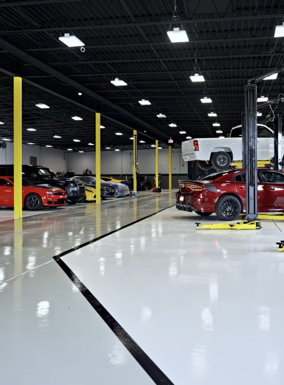 Military-Industrial Epoxy Floor In Race Shop