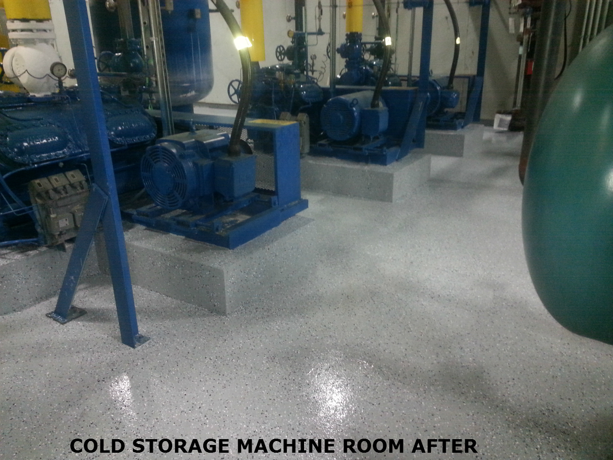 Industrial Machine Room After Epoxy Floor Coating With Color Flakes
