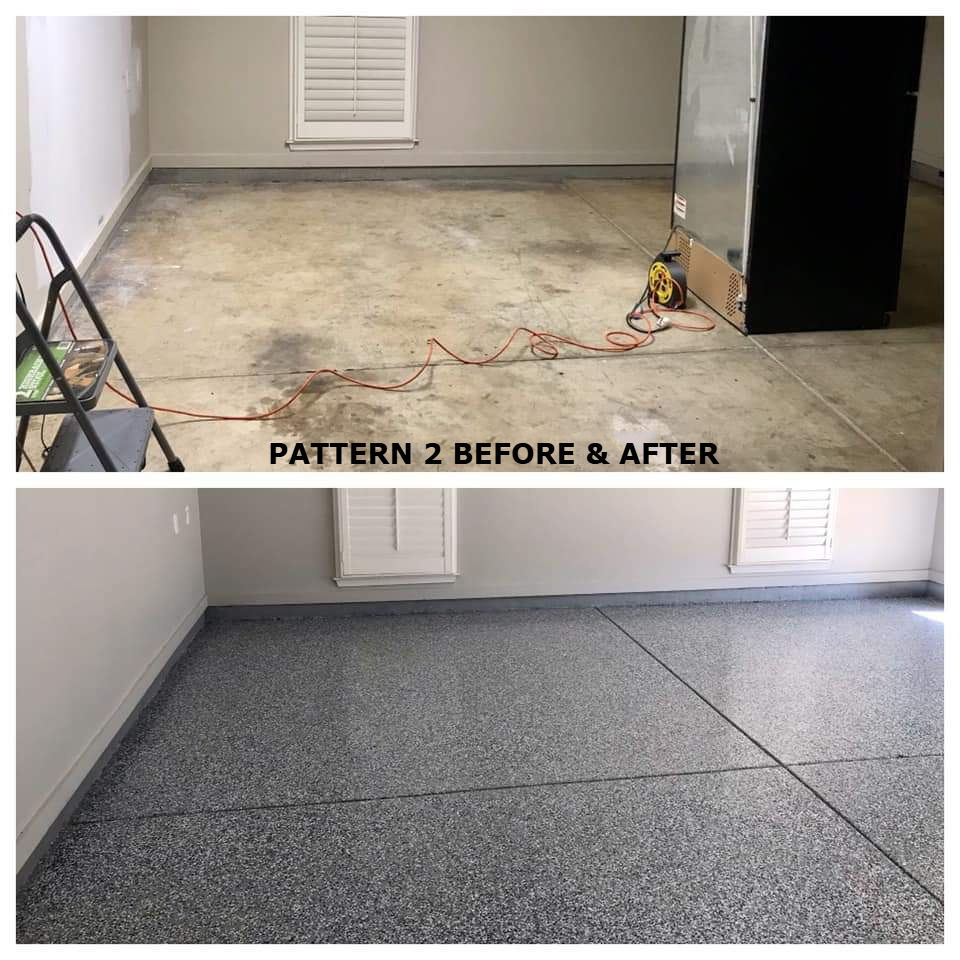 Garage Floor Before  & After Prepping Applying Granite Epoxy Floor In Pattern 2ine