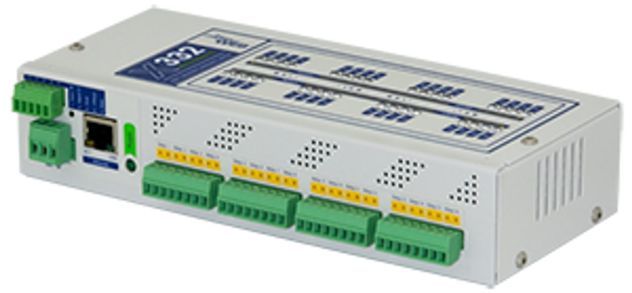 X-332 with 16 digital inputs, 2 counter inputs, 16 relays, 1-wire, and 4 analog inputs.