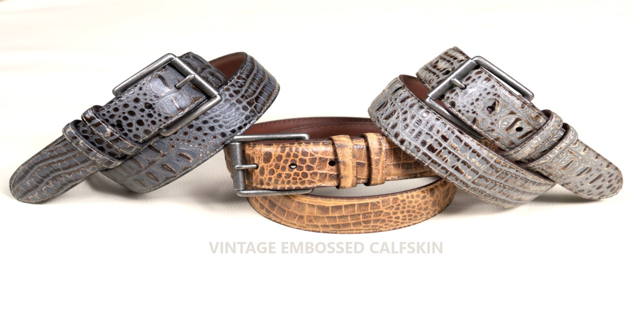 Diagonal Etched Italian Calfskin Dress Casual Belt in Cognac by Torino  Leather