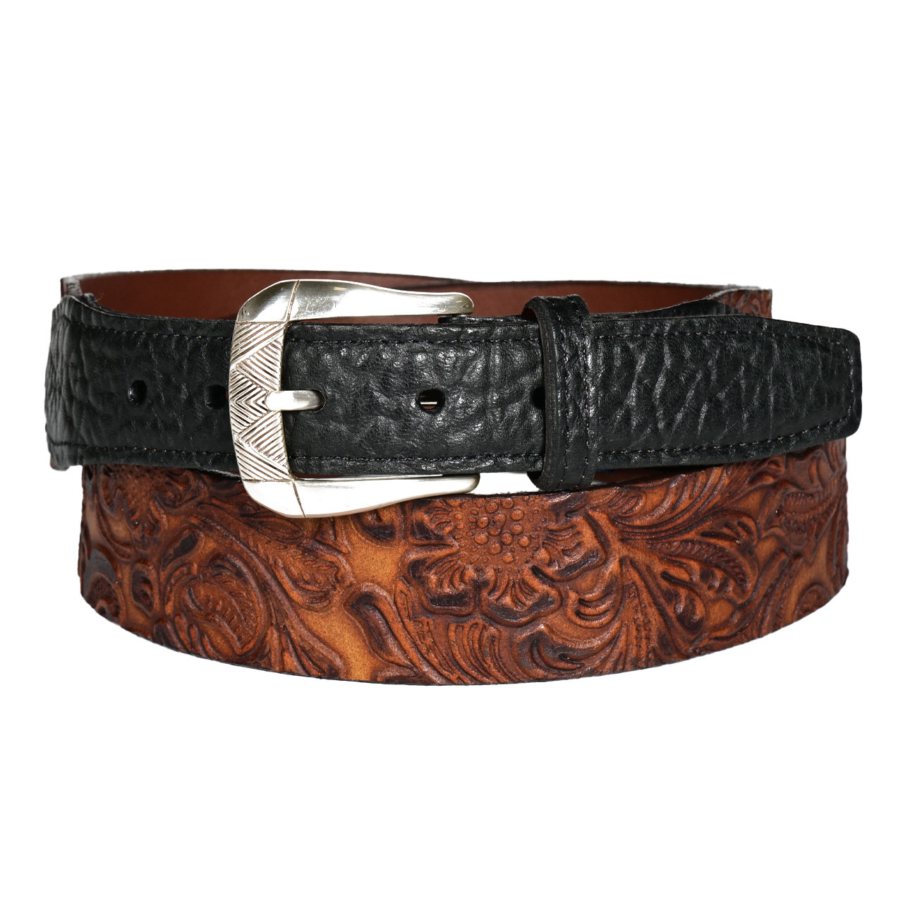 Two-Tone Pebbled and Tooled Cowhide Leather Belt with Satin Silver