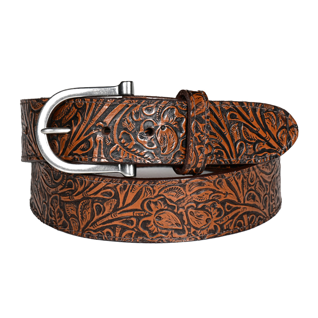 Western Tooled Cowhide Leather Belt with Removable Horseshoe