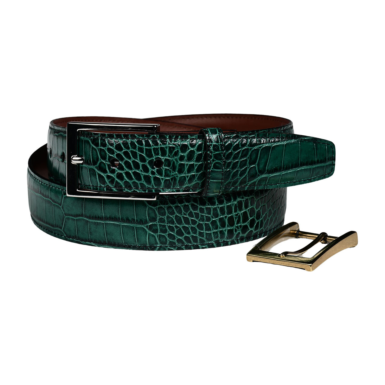 Alligator Grain Embossed Calfskin Double Buckle Belt in 