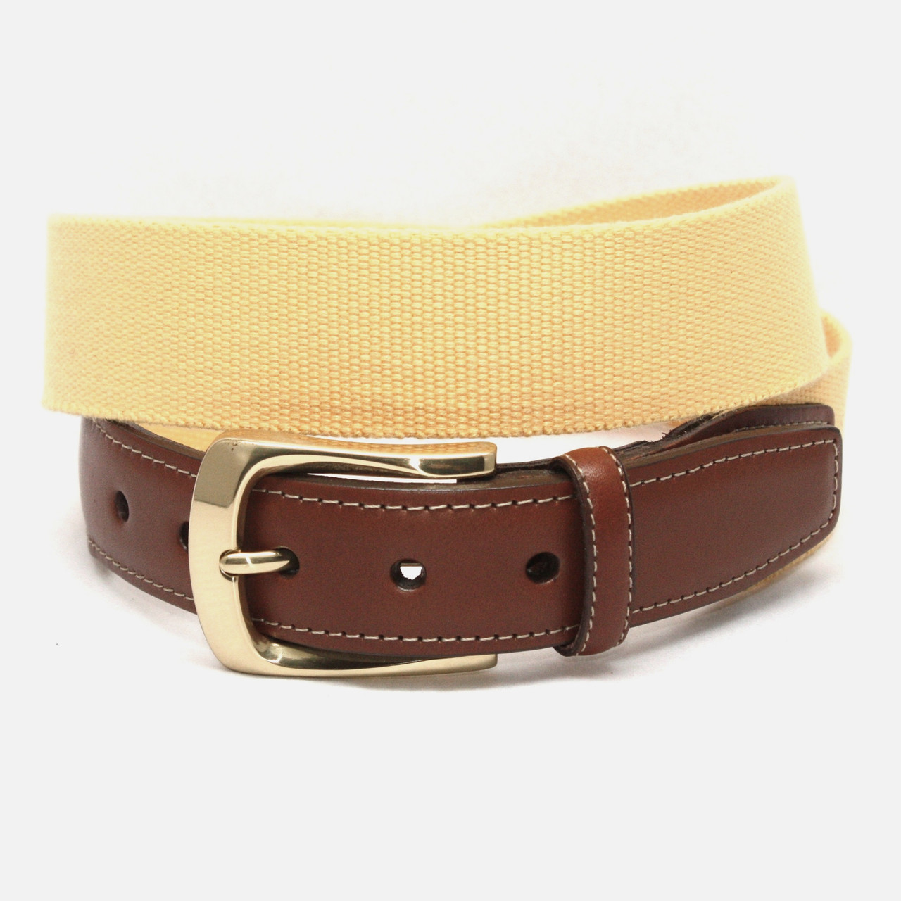 Torino Womens Yellow belt with brown leather ENDS Gold Buckle Sz.L Italian Woven Cotton Elastic Belt - Yellow main image 2
