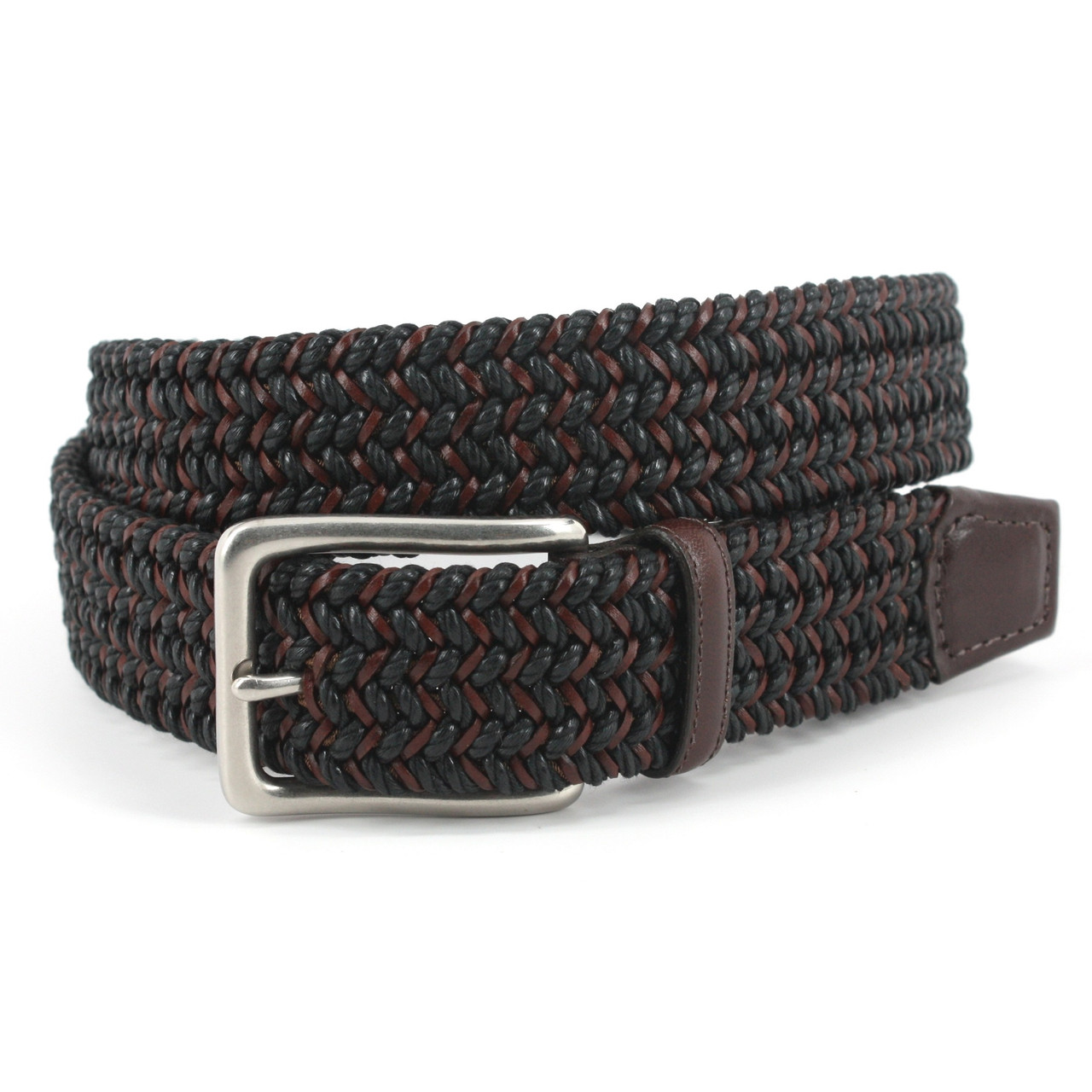 Italian Woven Cotton & Leather Casual Belt - Black/Brown