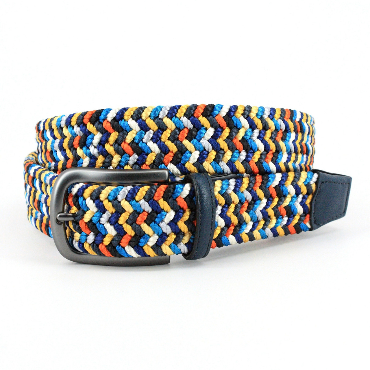 Italian Woven Rayon Elastic Belt in Navy - Orange - Yellow Multi