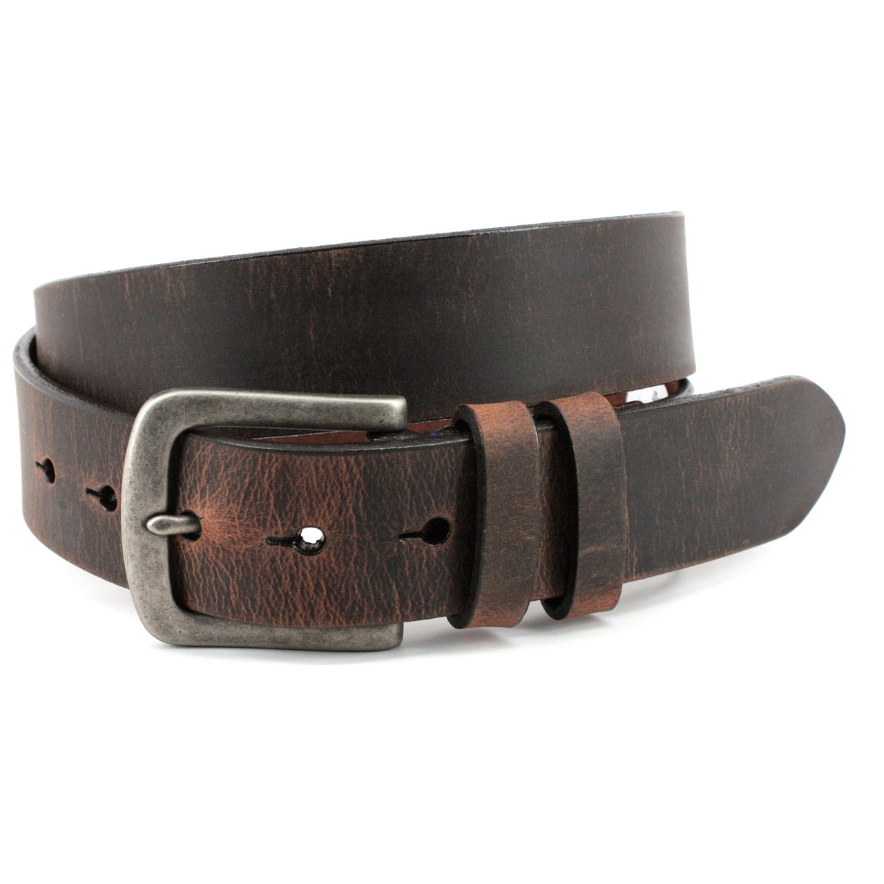 Distressed Waxed Harness Leather Casual Belt - Antique Brown