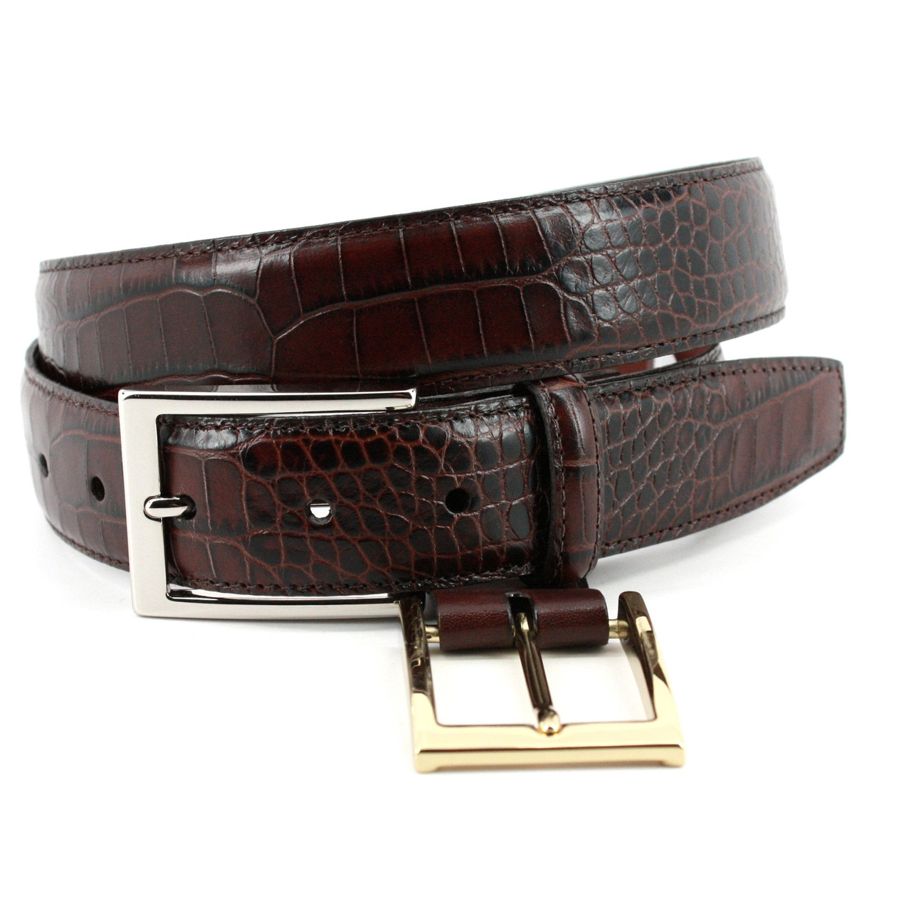 Nile Antique Finish Giant Crocodile Grain Italian Leather Belt - Walnut, 36