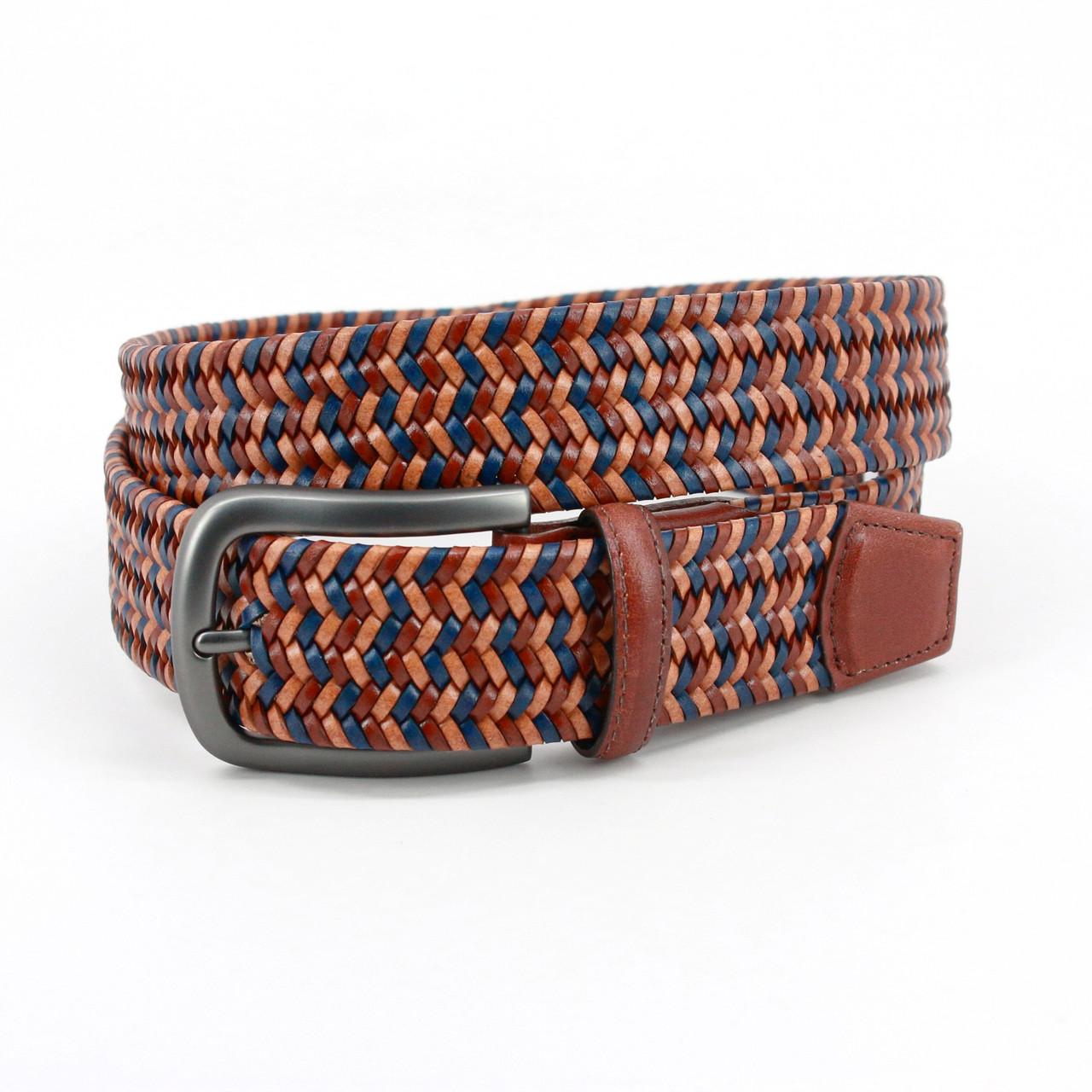 Italian Mini Strand Woven Stretch Leather Casual Belt in Tan Multi