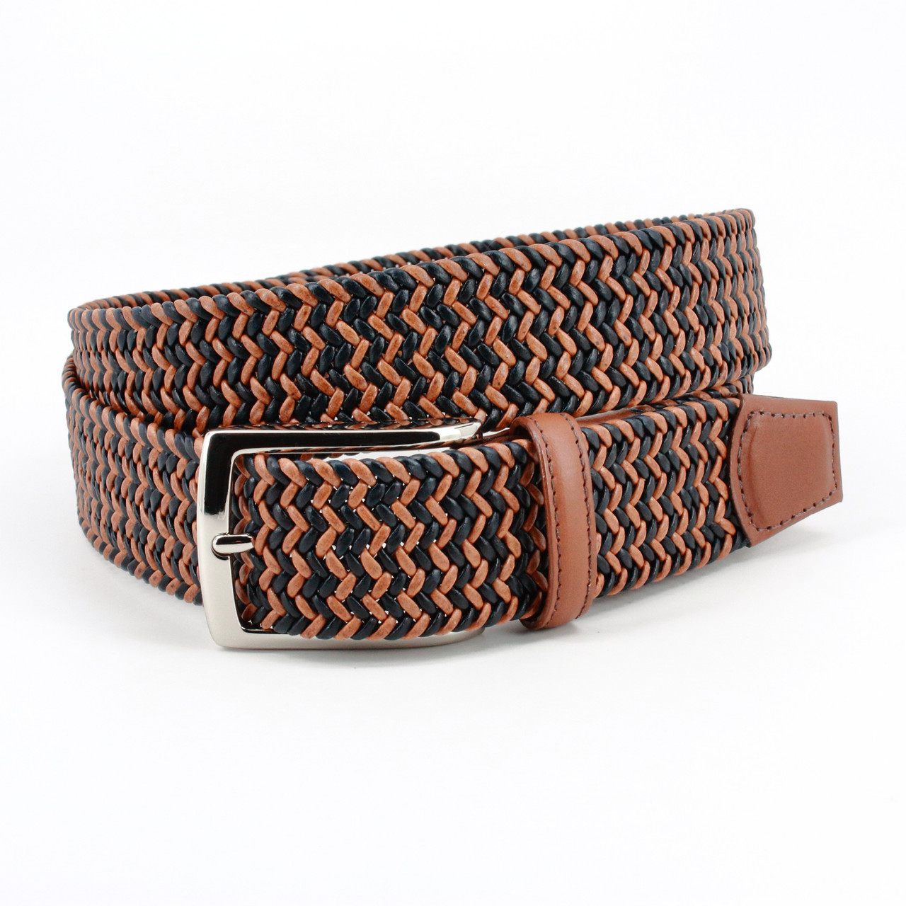 Italian Braided Leather Cording Casual Belt in Tan & Navy
