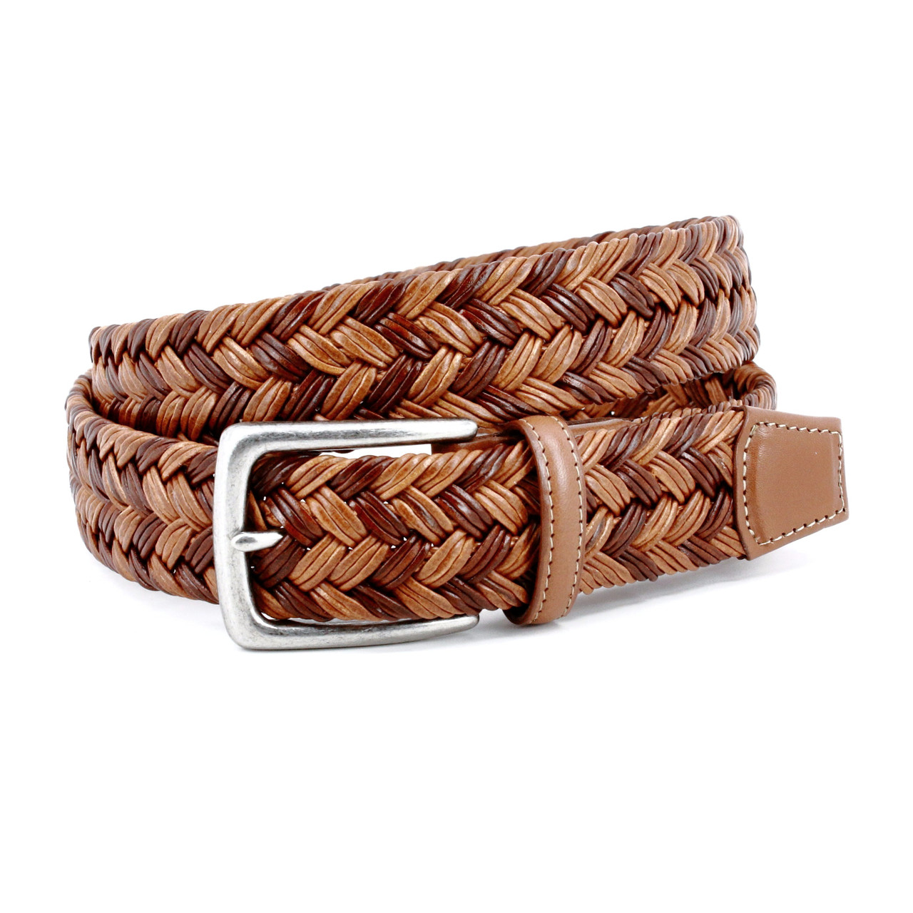 Big & Tall Italian Woven Stretch Leather Casual Belt in Cognac