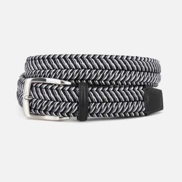 Italian Woven Herringbone Rayon Stretch Casual Belt in Black & Grey Multi