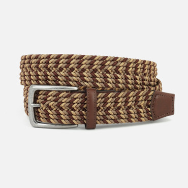 Italian Chevron Braided Leather & Linen Belt - Brown/Taupe