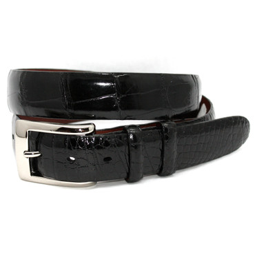 Black Genuine Glazed American Alligator Skin belt with Polished Nickel Removable Buckle