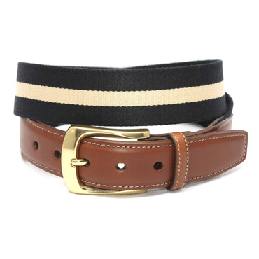 Navy/Khaki Striped Ribbed European Fabric Casual Belt with Brass Buckle