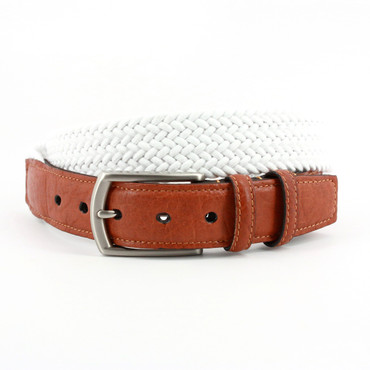 White Italian Woven Cotton Elastic Stretch Casual Belt with Tan Leather Tabs