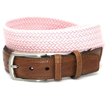 Pink Italian Woven Cotton Elastic Stretch Belt with Tan Leather Tabs