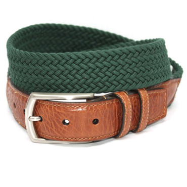 Dark Green Italian Woven Cotton Elastic Stretch Casual Belt with Tan Leather Tabs