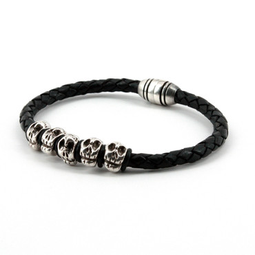 Black Braided Leather Bracelet w/Skulls