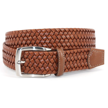 Big and Tall Cognac/Tan Italian Woven Stretch Leather Casual Belt