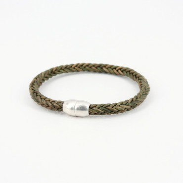 Olive Antiqued leather braided bracelet with silver closure