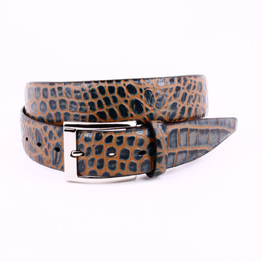 Charcoal Grey with Tan Crocodile Embossed Calfskin Dress Casual Belt