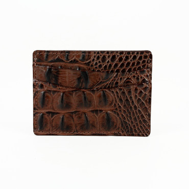 Hornback Crocodile Embossed Calfskin Leather Card Case in Brown