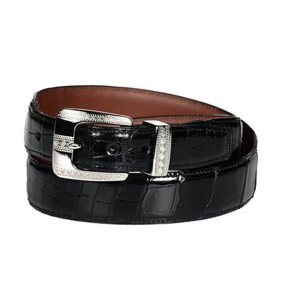 American Alligator Leather Belt with Etched Silver Buckle and Loop in Black American Alligator Leather Belt with Etched Silver Buckle and Loop in Black