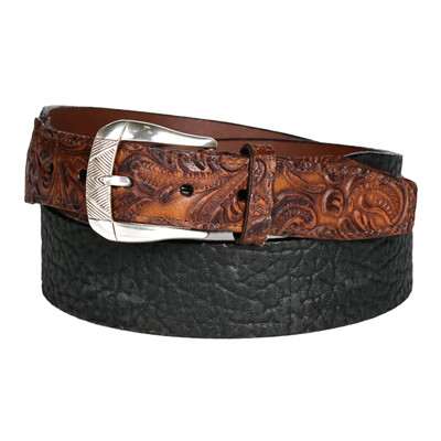 Two-Tone Pebbled and Tooled Cowhide Leather Belt with Satin Silver
