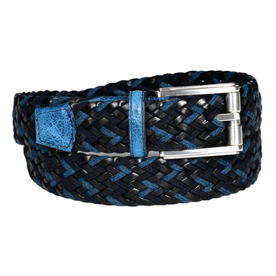 Italian Chevron Weave Belt with Distressed Shrunken Calfskin in Blue/Black/Navy Italian Chevron Weave Belt with Distressed Shrunken Calfskin in Blue/Black/Navy