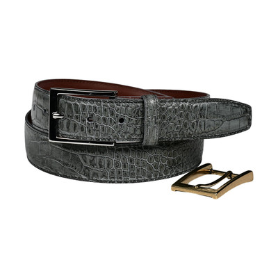 Alligator Grain Embossed Calfskin Double Buckle Belt in Gator Grey