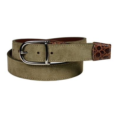 Suede Calfskin Casual Belt with Crocodile-Embossed Calfskin Tabs in Light Olive