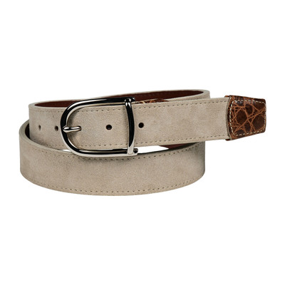 Suede Calfskin Casual Belt with Crocodile-Embossed Calfskin Tabs in Tundra