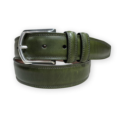 Contrast Stitched Padded Calfskin Belt in Olive