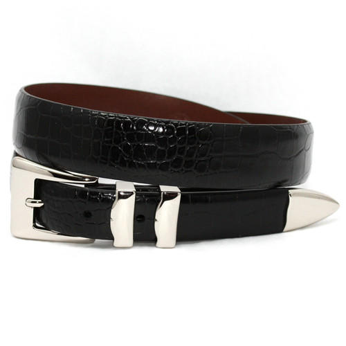 Black Alligator Embossed Tapered Calfskin Dress Casual Belt With 4pc Nickel Buckle Set