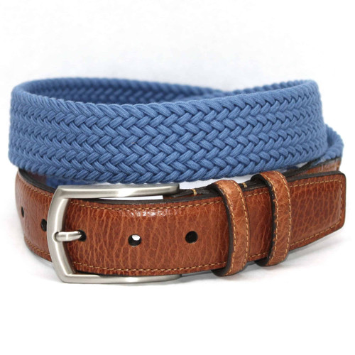 Royal Blue Italian Woven Cotton Elastic Stretch Casual Belt with Tan Leather Tabs