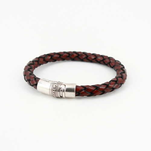 Brown Thick Braided Leather Bacchus Bracelet with sterling plate magnetic closure