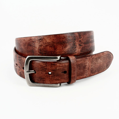 Cognac Large Scale Faux Crocodile Embossed Calfskin Casual Belt