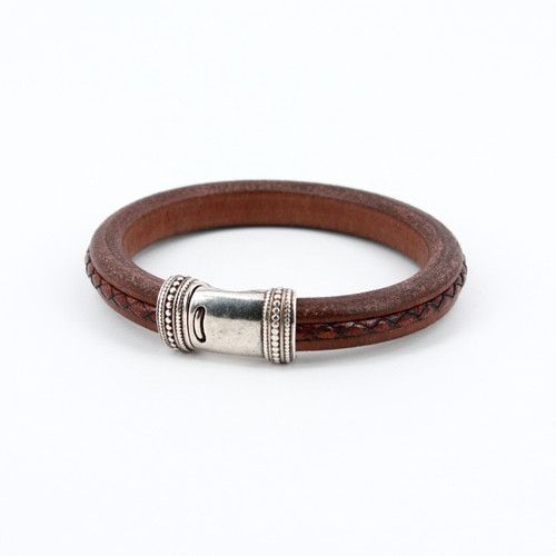 Brown Genuine Harness Leather Bracelet with Braided insert