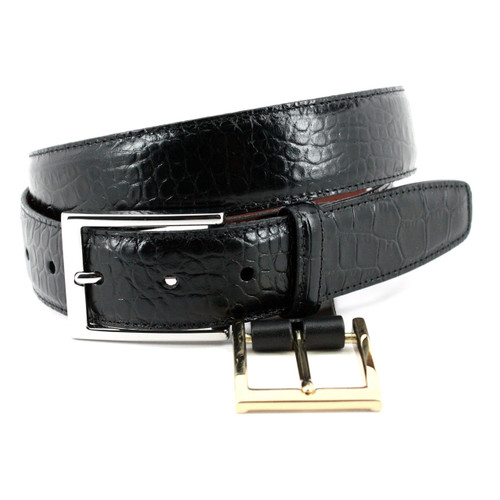 Big and Tall Faux Alligator Embossed Calfskin Belt in Black