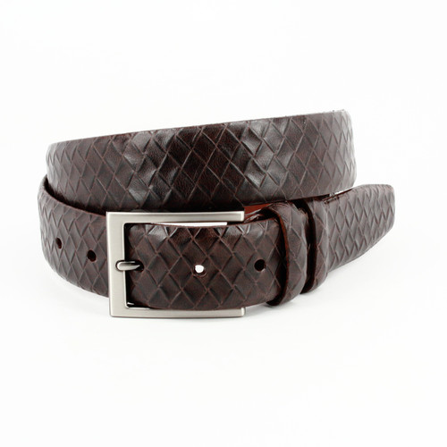 Woven Embossed Calfskin Dress Casual Belt in Brown