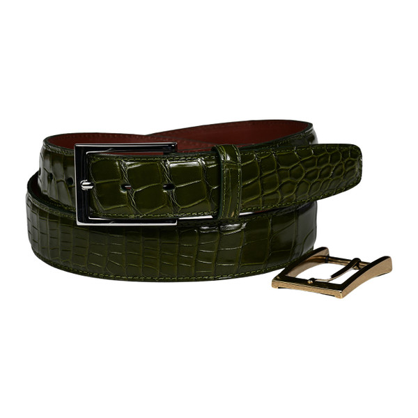 Waxed American Alligator Stitched Belt in Olive